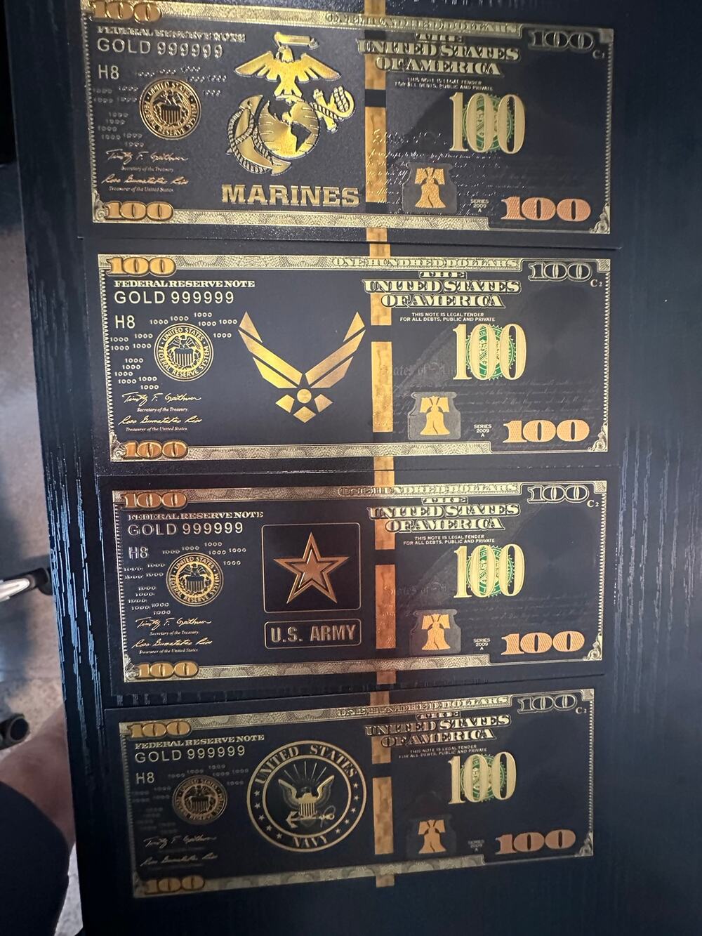 US Military 4 Piece Black and Gold Foil Novelty Note Set Army Navy Marines USAF